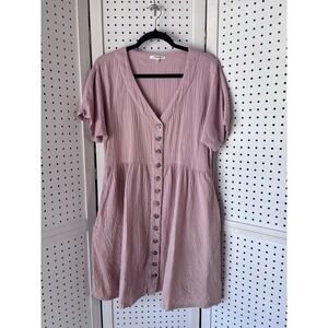 Madewell Women's Small Pink V Neck Gauze Short SLV Button Knee Dress Cotton